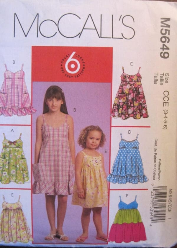 MCCALLS PATTERN M5649 CHILDREN'S AND GIRLS DRESSES SIZE CCE 3-6