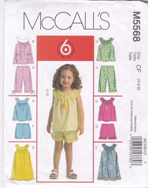 Children's Tops, Dresses, Shorts and Capri Pants Child Size 4 5 6 McCall's Sewing Pattern 5568