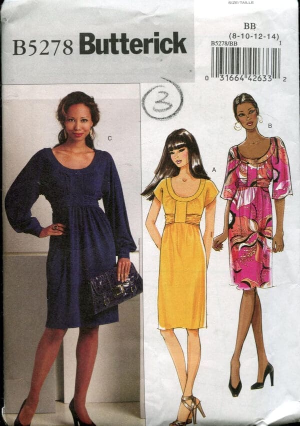 Butterick Pattern B5278 ~ Misses' Dress, Size BB (8-10-12-14)