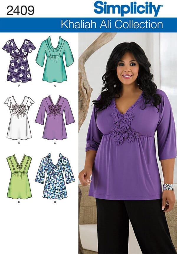 Simplicity Khasliah Ali Collection Pattern 2409 Misses Tops with Neckline Variations Sizes 10-12-14-16-18