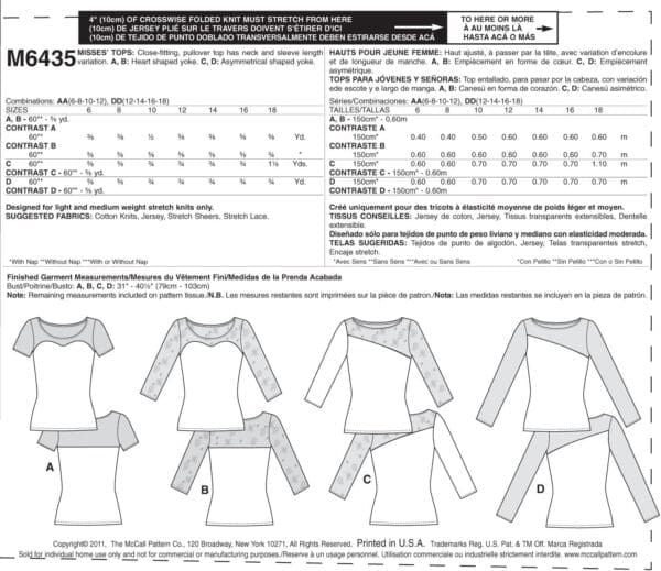 McCall Patterns M6435 Misses' Tops, Size AA (6-8-10-12)