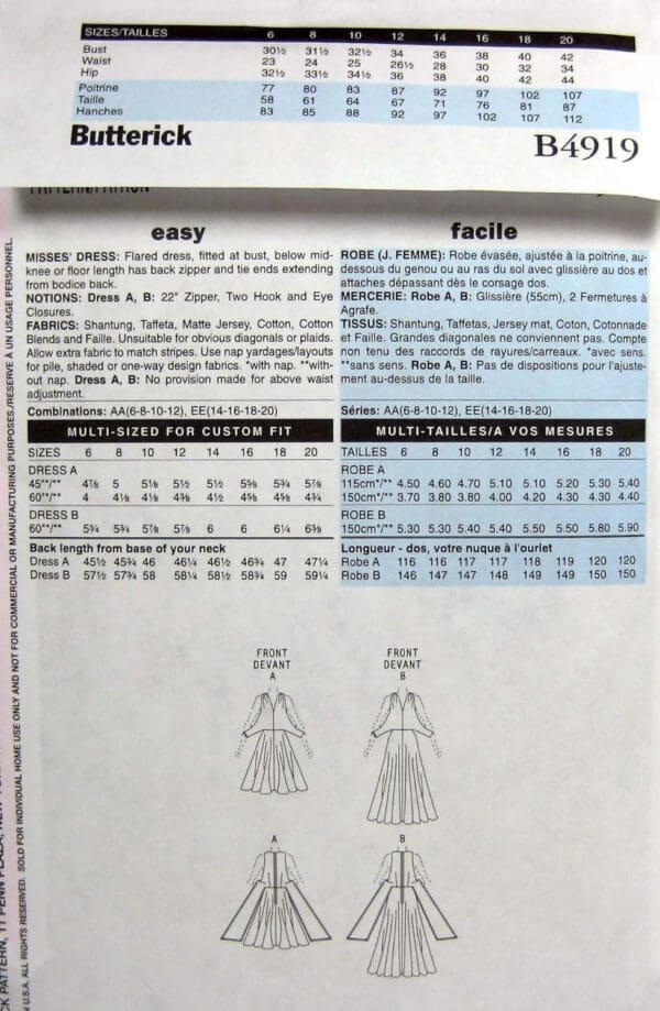 BUTTERICK PATTERNS B4919 Misses' Dress, Size EE (14-16-18-20) - Image 3