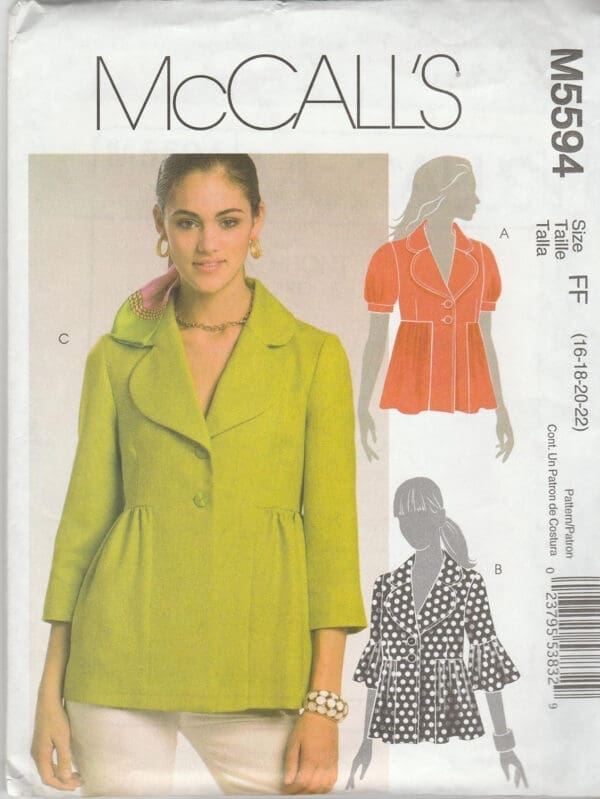 McCall's M55942008 Misses Lined Jackets Sizes FF 16-18-20-22