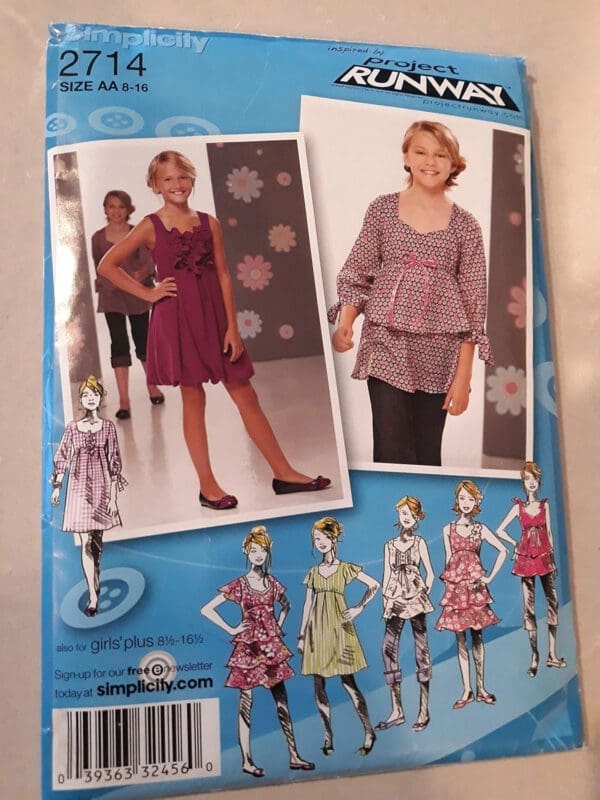 Girls Dress or Tunic with Sleeve and Skirt Variations Simplicity 2714 Size 8-16 Project Runway