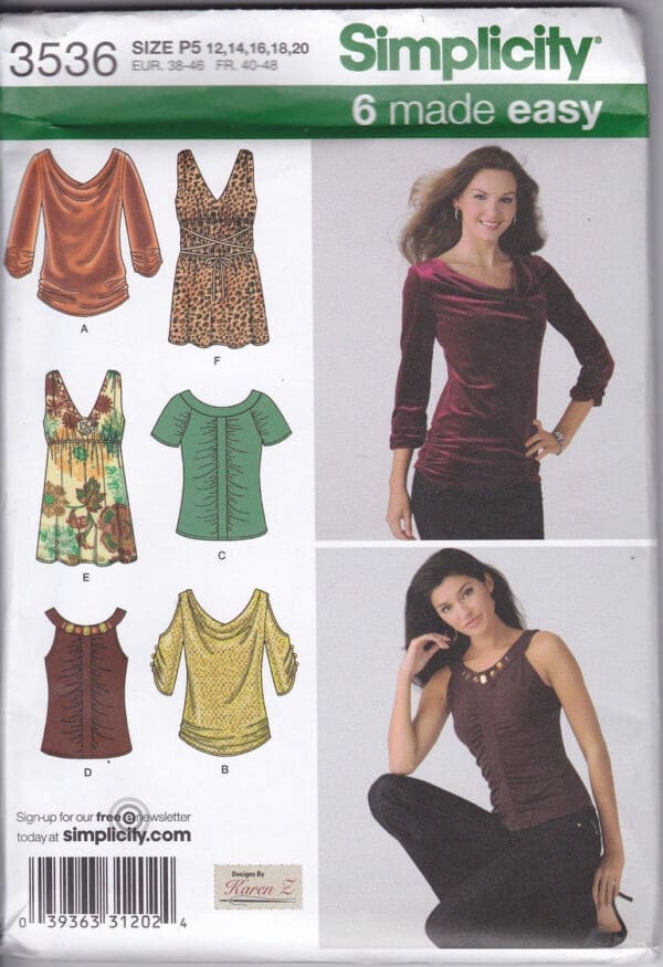 Simplicity Pattern 3536 Misses Knit Tops Size P5 (12-14-16-18-20)