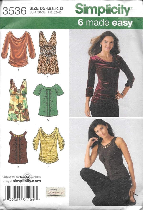 Simplicity Sewing Pattern 3536 Size D5 4,6,8,10,12 Misses' Knit Tops