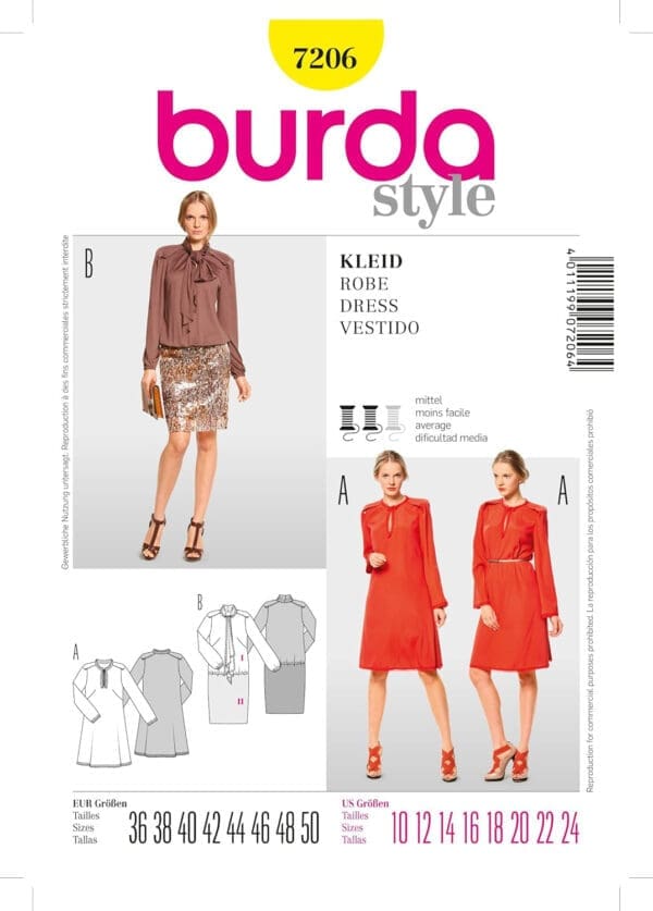 Burda Style Sewing Pattern 7206 - Misses' Dress , Semi-fitted Size (10-12-14-16-18-20-22-24)