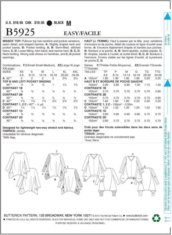 Butterick Patterns B5925ZZ0 B5925 Misses' Top Sewing Template, Size ZZ (LRG-XLG-XXL) - Image 3