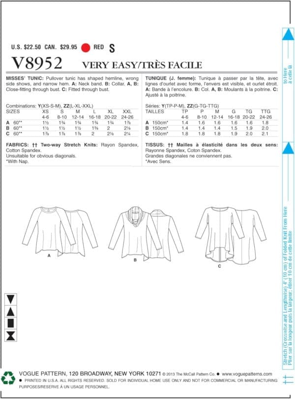 Vogue Patterns V8952 Misses' Tunic Sewing Template, Size Y - Image 3