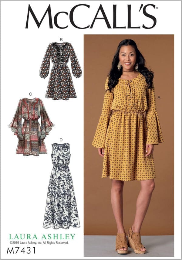 McCall's Elastic-Waist Dresses With Sleeve Variations, 6-8-10-12-14