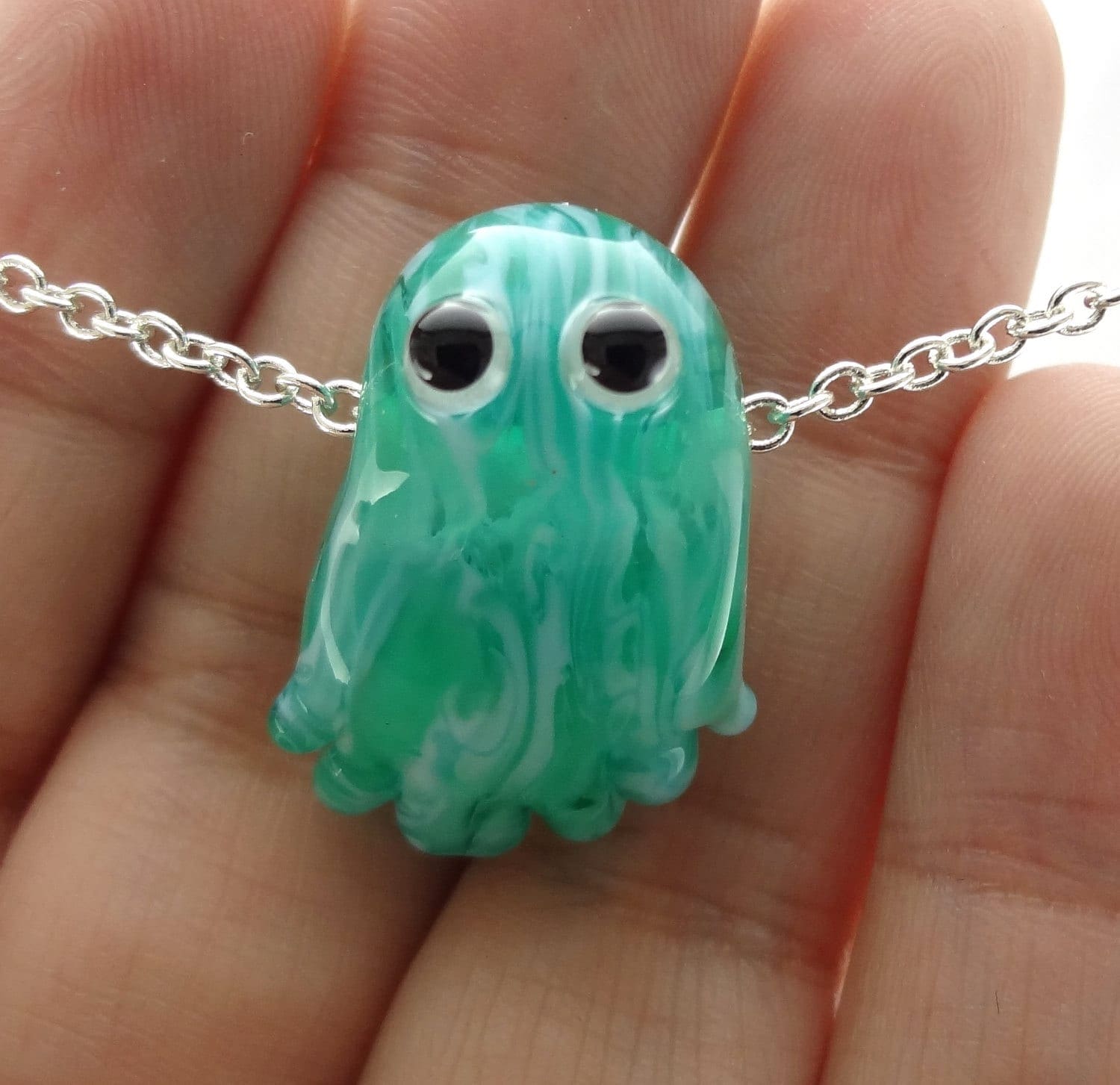 Aqua Blue Jellyfish Lampworked Glass Bead Necklace