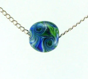 Blue and Green Swirl Lampworked Glass Bead Necklace